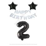 Beyaz Happy Bırthday Set Siyah Yıldız ve Rakam Folyo Balon Seti Yaş 2