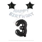 Beyaz Happy Bırthday Set Siyah Yıldız ve Rakam Folyo Balon Seti Yaş 3