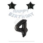 Beyaz Happy Bırthday Set Siyah Yıldız ve Rakam Folyo Balon Seti Yaş 4