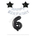 Beyaz Happy Bırthday Set Siyah Yıldız ve Rakam Folyo Balon Seti Yaş 6