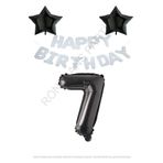 Beyaz Happy Bırthday Set Siyah Yıldız ve Rakam Folyo Balon Seti Yaş 7