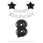 Beyaz Happy Bırthday Set Siyah Yıldız ve Rakam Folyo Balon Seti Yaş 8