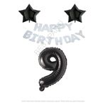 Beyaz Happy Bırthday Set Siyah Yıldız ve Rakam Folyo Balon Seti Yaş 9