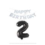 Beyaz Happy Bırthday Set ve Siyah Rakam Folyo Balon Seti Yaş 2