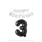 Beyaz Happy Bırthday Set ve Siyah Rakam Folyo Balon Seti Yaş 3