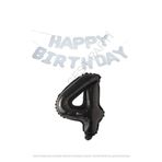Beyaz Happy Bırthday Set ve Siyah Rakam Folyo Balon Seti Yaş 4