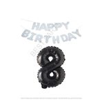 Beyaz Happy Bırthday Set ve Siyah Rakam Folyo Balon Seti Yaş 8