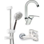 Beyaz Krom Banyo Bataryası Lavabo Bataryası ve Sürgülü Duş Seti 3’lü Set