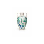 Beyaz Mavi Turkuaz Soyut Yüz Terracotta Vazo Boho