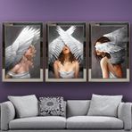 Beyaz Melek Kanatlı Kadınlar Temalı Aynalı Çerçeveli 3 lü Kanvas Tablo Seti 150x70 cm SETS0220