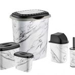 Beyaz Mermer Desen 5 Parça Banyo Çamaşır Seti Kirli Sepeti+Deterjan,Calgonluk Wc Fırçası Çöp Kovası
