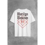 Beyaz Oversize T-Shirt Marilyn Manson Logo Rock Metal Müzik Baskılı Tişört - XL