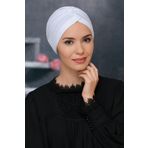 Beyaz Pratik Hazır Geçmeli Tesettür Bone Sandy Kumaş Taçlı Büzgülü 1208_42