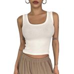 Beyaz Renk Kalın Askılı Kare Yaka Düz Desensiz Fitilli Likralı Kaşkorse Crop Top Bluz (Beyaz, M)