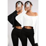 Beyaz - Siyah 2li Kadın Düşük Omuz Kayık Yaka Oversize Uzun Kollu Crop T-Shirt - L - XL