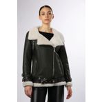 Beyaz Tüy Aviator Siyah Kadın Kuzu Kürk Kaban 2XL