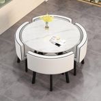 Beyaz Yuvarlak Ofis Resepsiyon Masası Seti Küçük Yer Tasarruflu Konferans Masası ve Sandalye Seti, Ev, Ofis, Oturma Odası, Balkon, Kafe veya Mola Odası için, Kaya Levhalı Modern Tasarım
