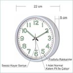 Beyaz Zemin Beyaz Kasa Fosforlu 22 Cm Sessiz Çalışan Duvar Saati