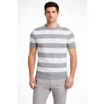 beybunn Erkek T-shirt Çizgili Triko Dokuma Bisiklet Yaka Tişört - Gri