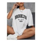 beybunn Kadın Brooklyn Harf Baskılı T-shirt, Rahat Kısa Kollu Bol T-shirt, Kadın Giyim - Beyaz