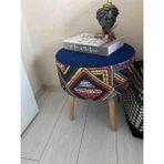 Beylerbeyi Retro Gürgen Ahşap Ayaklı Dekoratif Etnik Üst Kiremit Desenli Silindir Puf Bench Dekoratif Ahşap Puf Rustik Bench - Lacivert
