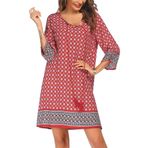 Beyove Kadın bohem tunik elbise, plaj elbisesi, yazlık elbise, vintage, plaj tuniği, 3/4 kollu, yuvarlak yaka, çiçek desenli, tunik elbise, kısa üst giyim, kalıp 3, XXL