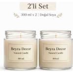 Beyra Decor 2’li Doğal Soya Mum 300 ml x 2 – Cam Kavanoz Bardak Mum Seti | Ev Dekor & Hediye - Beyaz