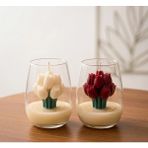 Beyra Decor Kırmızı Beyaz Lale Mum İkili Set - Cam Bardakta Dekoratif Çiçek Mum Tasarım Doğum Günü Söz Nişan Hediyelik - Beyaz - Kırmızı