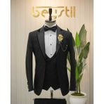 Beystil Şal Yaka Üzerine Sivri Yaka Siyah Damatlık & Smokin Takım 446- Slim Fit - 6 Drop - 48