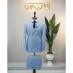 Beystil Sivri Yaka Bebe Mavisi Çizgili Kruvaze Takım Elbise - Slim Fit - 6 Drop - 56