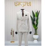 Beystil Sivri Yaka Bej Çizgili Kruvaze Takım Elbise Lecce - Slim Fit - 6 Drop - 56