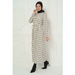 Beyza 5301 Ekose Desenli Tesettür Beyaz Kışlık Elbise