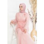 Beyza Asya Organze Kuşaklı Tesettür Pudra Abaya Takım 3433