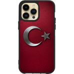 BG AKSESUAR iPhone 16 Pro Max ile Uyumlu Türk Bayrağı Baskılı, Glass Korumalı Silikon Kılıf, Siyah