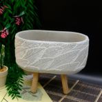 BGG Dekor Yaprak Desenli Dekoratif Oval Eskitme Beton Saksı - boy 12 cm en 22 cm - Beyaz