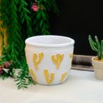 BGG Kaktüs Motifli Orta Boy Beton Saksı - Beyaz - Altın