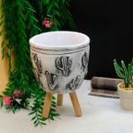 BGG Kaktüs Motifli Orta Boy Beton Saksı - Siyah - Beyaz
