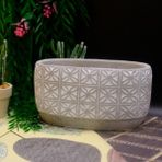 BGG Kare Çiçek Desenli Oval Beton Saksı - Beyaz