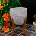 BGG Lale Motifli Eskitme Orkidelik Beton Saksı - Gri - Beyaz