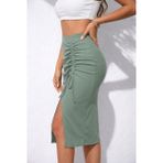 Bi Baksana Kadın Beli Lastikli Yandan Büzgülü Bağcık Detaylı Midi Kaşkorse Etek - Yeşil - 2XL - 3XL