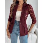Bi Baksana Kadın Uzun Kollu Truvakar Kol Önden Düğmeli Cepli Dantelli Atlas Ceket - 2XL - 3XL - Bordo