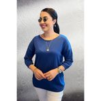 Bİ.GİYSEN Kadın Lacivert Kayık Yaka Likralı İnce % 100 PAMUK İPLİK Triko Bluz