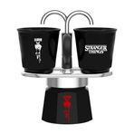 Bialetti - Stranger Things Set Mini Express: Ocak Üstü Espresso Pişirici + 2'li Seramik Isıya Duyarlı Shot Bardağı Seti, Renk Değiştiren, İndüksiyonlu Ocaklar İçin Uygun Değil, Siyah