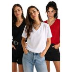 Bianco Lucci Kadın %100 Organik Pamuk Derin V Yakalı Comfort Fit Üçlü T-Shirt 60602066
