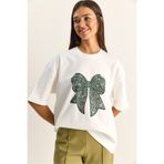 Bianco Lucci Kadın %100 Pamuk Bisiklet Yaka Kadife Fiyonk Baskılı Oversize T-Shirt ÖT261034 60286083