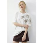 Bianco Lucci Kadın Boncuk Taş İşlemeli Çiçek Desenli Kol Detaylı Bisiklet Yaka T-Shirt 2107 60283972