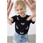 Bianco Lucci Kadın Boncuk Taş İşlemeli Yusufçuk Desenli Rahat Kalıp T-Shirt 2212 60283971