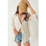 Bianco Lucci Kadın Çizgili Uzun Kollu Tek Cep Detaylı Keten Oversize Gömlek 60283070