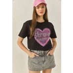 Bianco Lucci Kadın Kalp Baskılı Taş Detaylı Normal Kalıp Pamuklu T-Shirt 8133 60283303