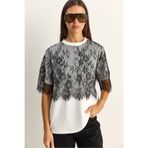 Bianco Lucci Kadın Üstü Dantel Detaylı Oversize Basic T-Shirt 1092 60286104